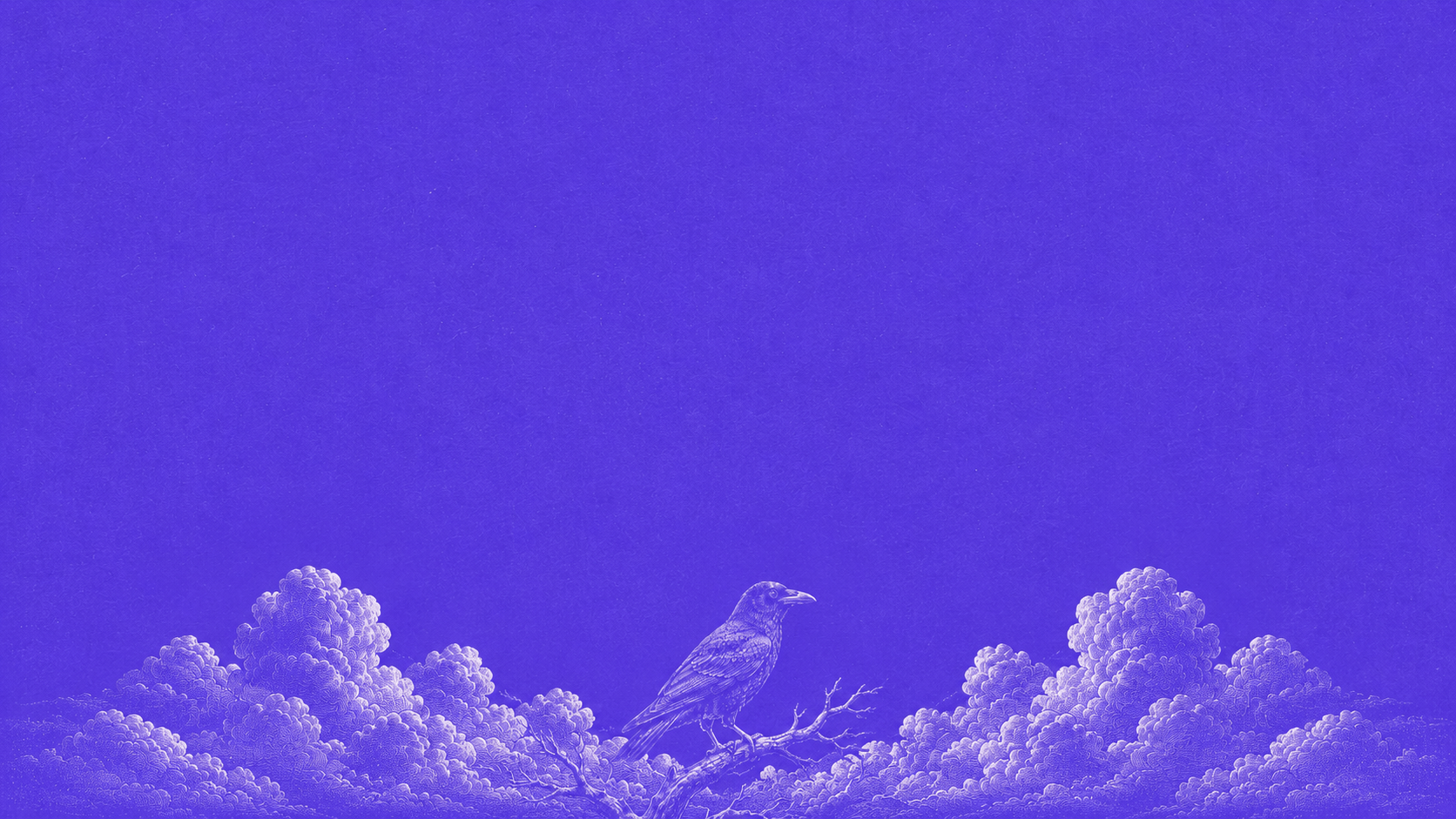 An engraved crow perched among clouds