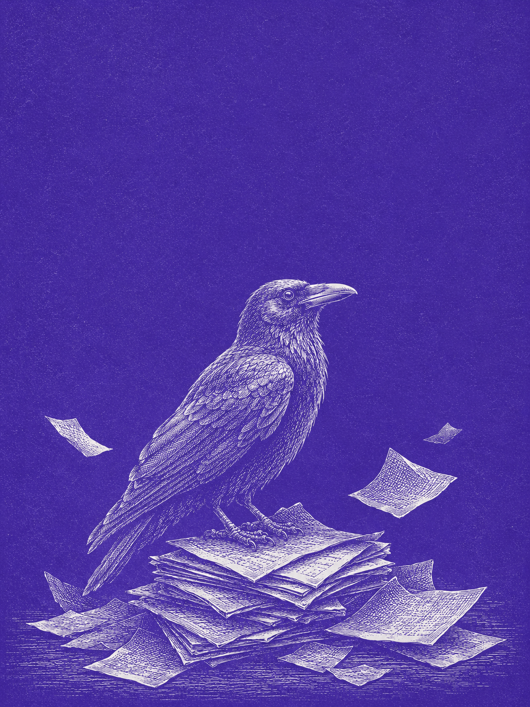 An engraved crow perched on scattered papers